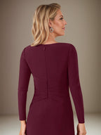 A Line Cabernet Stretch Crepe Scoop Neck Long Sleeves Floor Length Dress