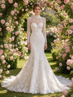 Pure White High Neck Long Sleeve Lace Mermaid Wedding Dress