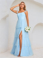 Sky Blue Tulle A-Line Spaghetti Straps Floor-Length Bridesmaid Dress