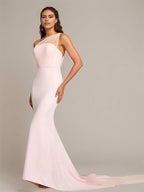 Blushing Pink Sheath/Column One-Shoulder Floor-Length Sleeveless Stretch Crepe Bridesmaid Dress