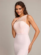 Blushing Pink Sheath/Column One-Shoulder Floor-Length Sleeveless Stretch Crepe Bridesmaid Dress