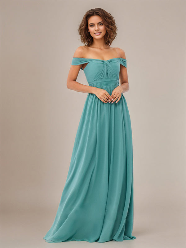Vestido de dama de honra azul água em chiffon, modelo A-line, ombro a ombro, sem mangas e comprimento até o chão