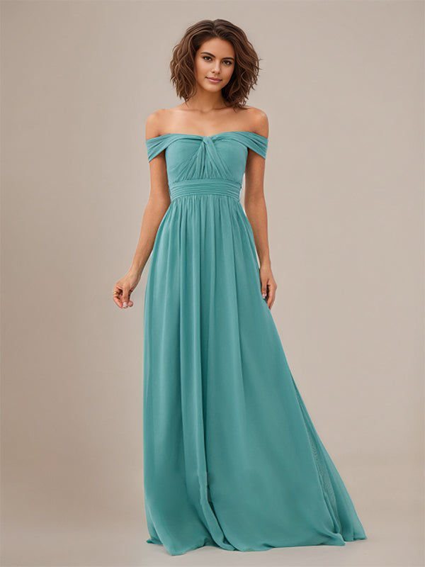 Vestido de dama de honra azul água em chiffon, modelo A-line, ombro a ombro, sem mangas e comprimento até o chão