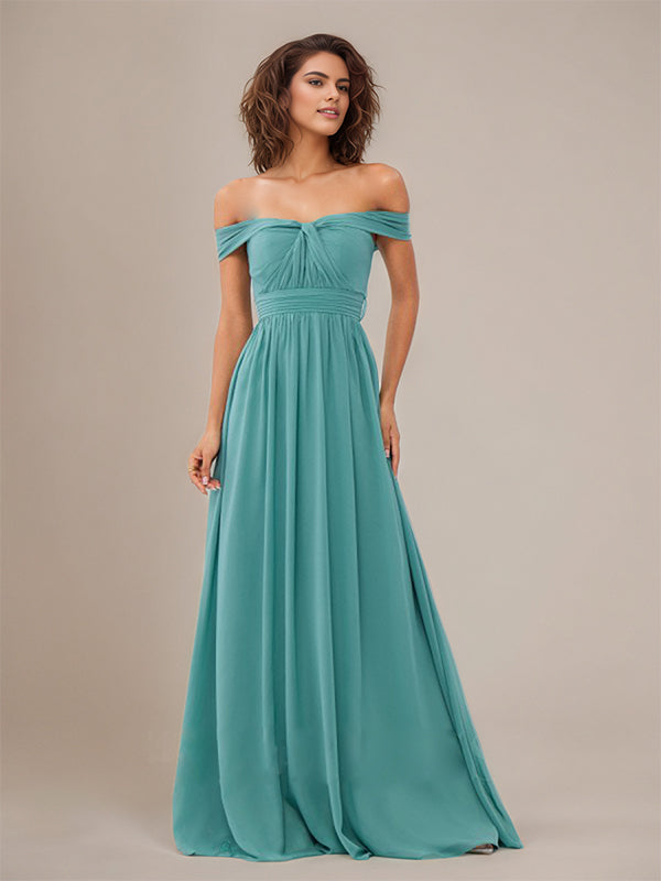 Vestido de dama de honra azul água em chiffon, modelo A-line, ombro a ombro, sem mangas e comprimento até o chão