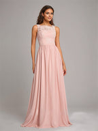 Pearl Pink Chiffon A-Line Square Neck Floor-Length Sleeveless Bridesmaid Dress With Appliques