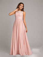 Pearl Pink Chiffon A-Line Square Neck Floor-Length Sleeveless Bridesmaid Dress With Appliques
