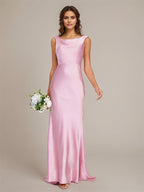 Candy Pink Satin Sheath/Column Boat Neck Floor-Length Sleeveless Bridesmaid Dress With Bow