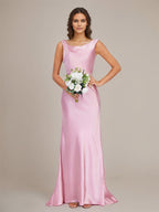 Candy Pink Satin Sheath/Column Boat Neck Floor-Length Sleeveless Bridesmaid Dress With Bow