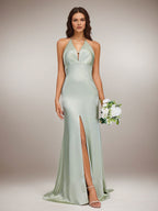 Agave Satin Sheath/Column V Neck Floor Length Sleeveless Bridesmaid Dress
