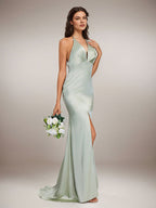 Agave Satin Sheath/Column V Neck Floor Length Sleeveless Bridesmaid Dress