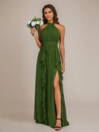 Olive Chiffon A Line Halter Neck Floor-Length Sleeveless Bridesmaid Dress With Ruffles