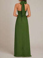 Olive Chiffon A Line Halter Neck Floor-Length Sleeveless Bridesmaid Dress With Ruffles
