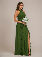 Olive Chiffon A Line Halter Neck Floor-Length Sleeveless Bridesmaid Dress With Ruffles