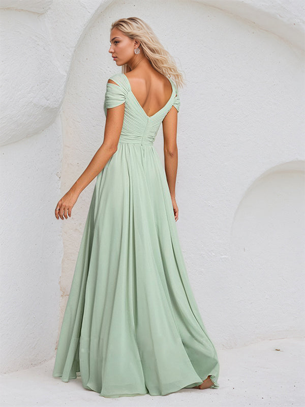 Abito da damigella a linea A in chiffon salvia polvere, scollo a V e senza maniche, lungo fino al pavimento