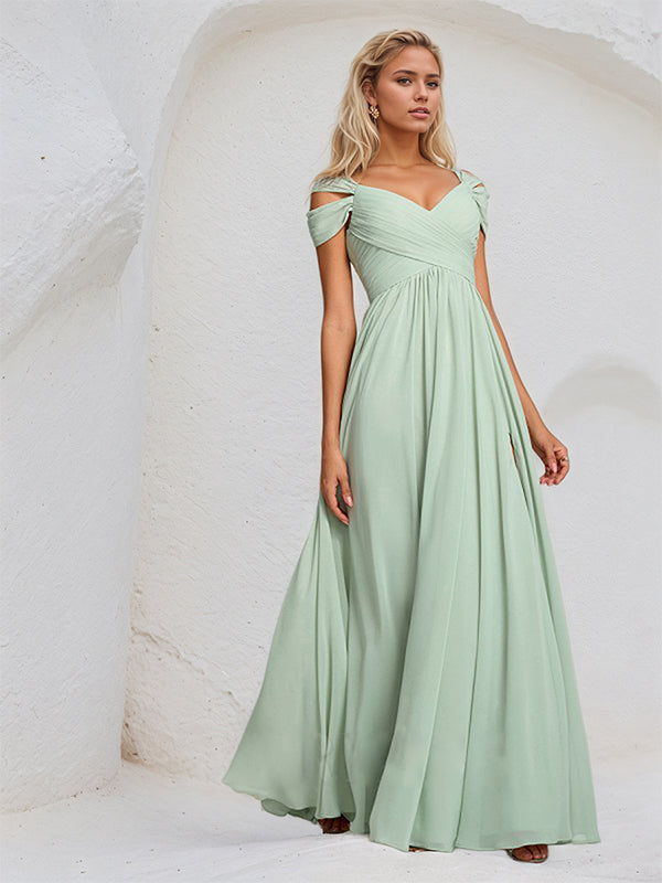 Abito da damigella a linea A in chiffon salvia polvere, scollo a V e senza maniche, lungo fino al pavimento