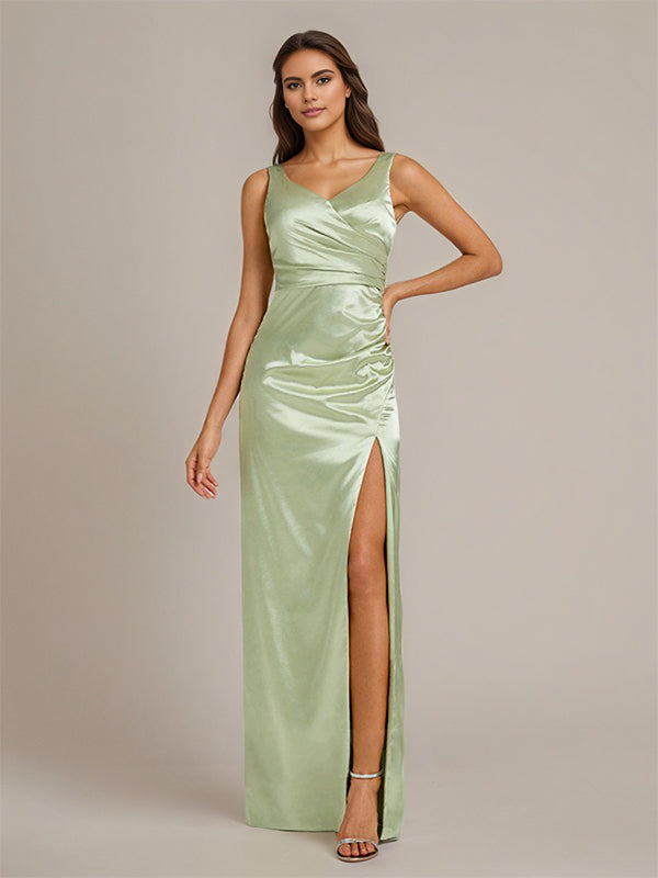 Celadon Sheath/Column V Neck Floor Length Sleeveless Satin Bridesmaid Dress