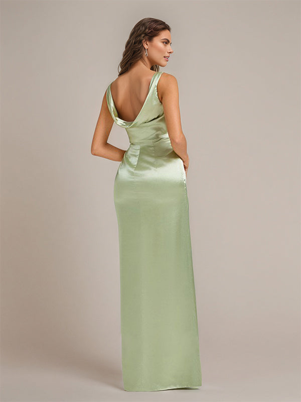 Celadon Sheath/Column V Neck Floor Length Sleeveless Satin Bridesmaid Dress