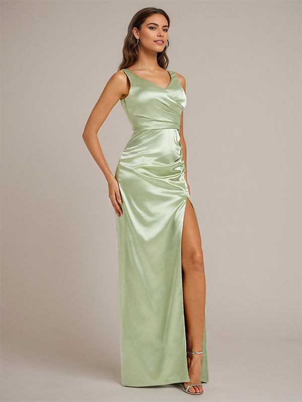 Celadon Sheath/Column V Neck Floor Length Sleeveless Satin Bridesmaid Dress