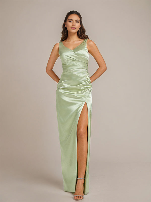 Celadon Sheath/Column V Neck Floor Length Sleeveless Satin Bridesmaid Dress