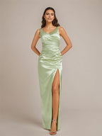 Celadon Sheath/Column V Neck Floor Length Sleeveless Satin Bridesmaid Dress