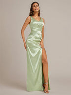 Celadon Sheath/Column V Neck Floor Length Sleeveless Satin Bridesmaid Dress