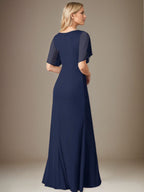 Dark Navy Sheath/Column Chiffon V Neck Floor Length Dress With Flutter Sleeves