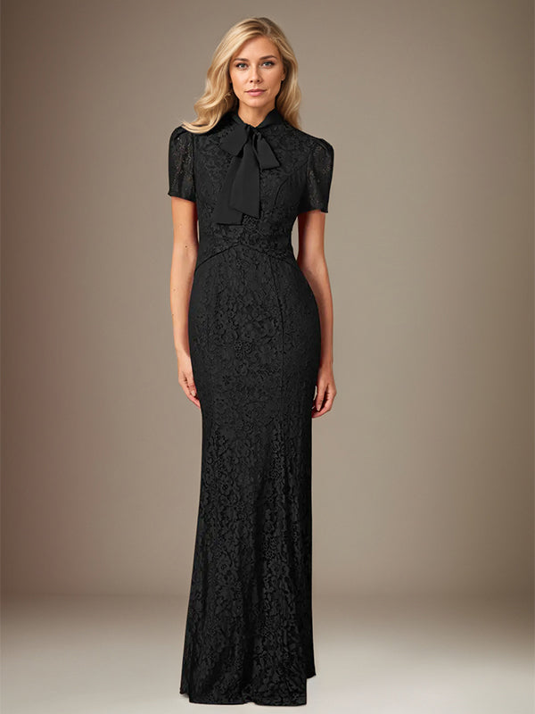 Black Chiffon Bow Tie Neckline Short Sleeves Floor Length Dress With Appliques