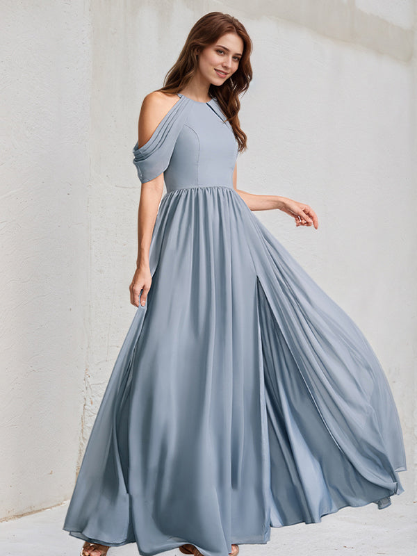 Abito da damigella a linea A in chiffon blu polvere con collo alto e lunghezza fino a terra