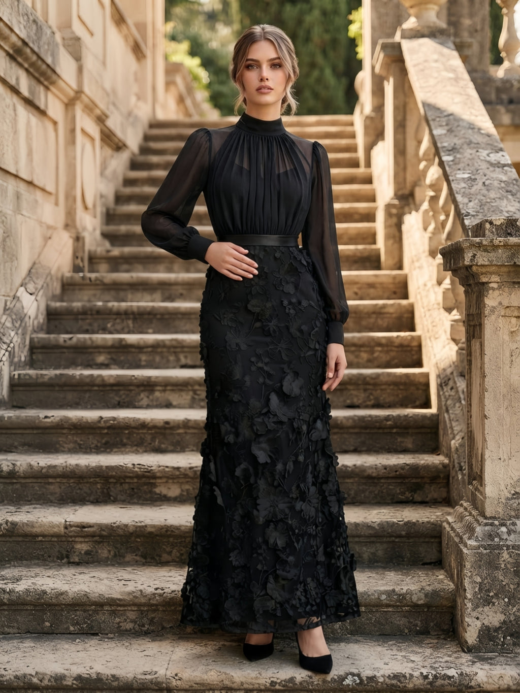 Black High-Neck 3D Floral Applique Long-Sleeve Evening Dress