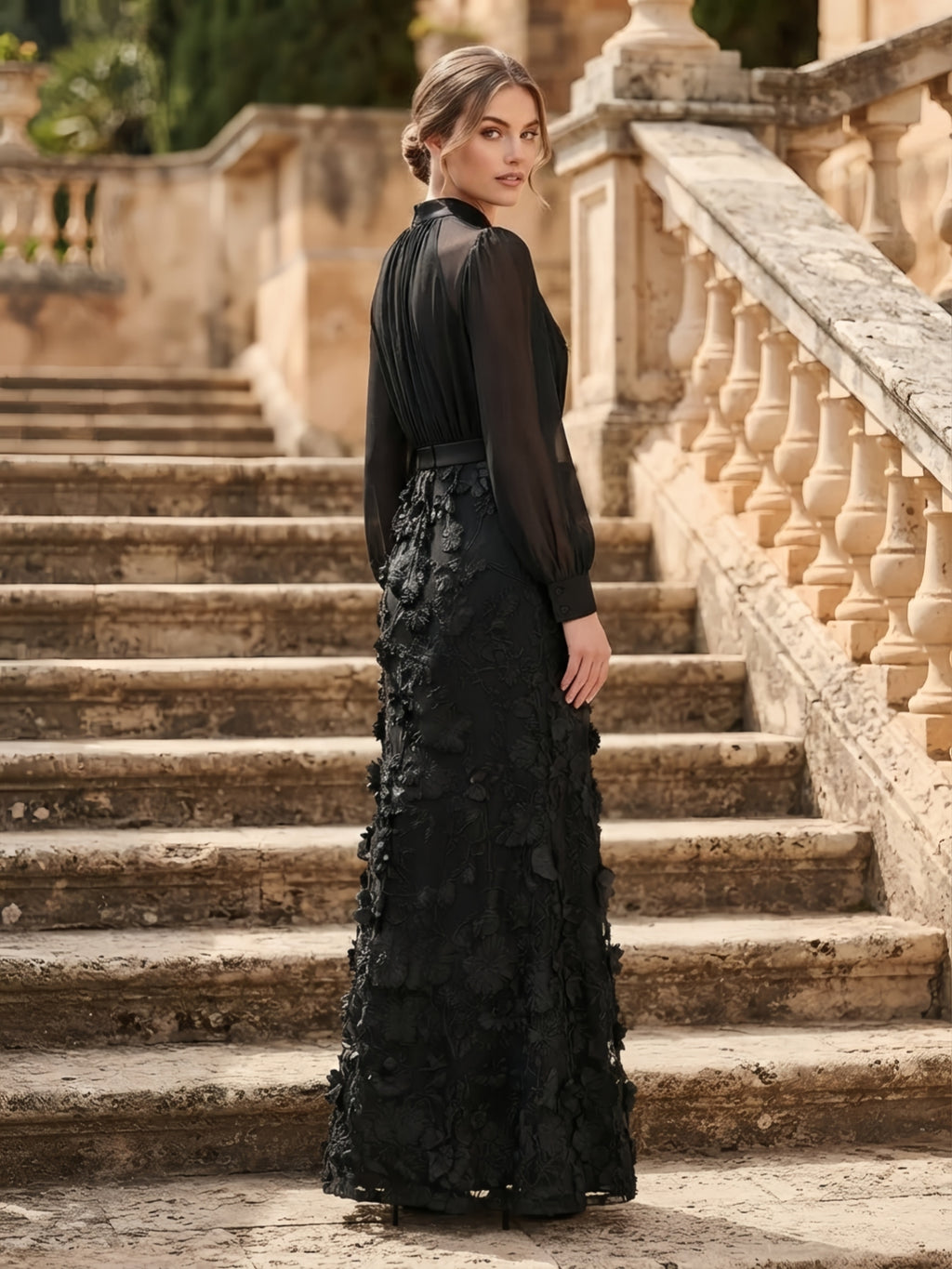 Black High-Neck 3D Floral Applique Long-Sleeve Evening Dress