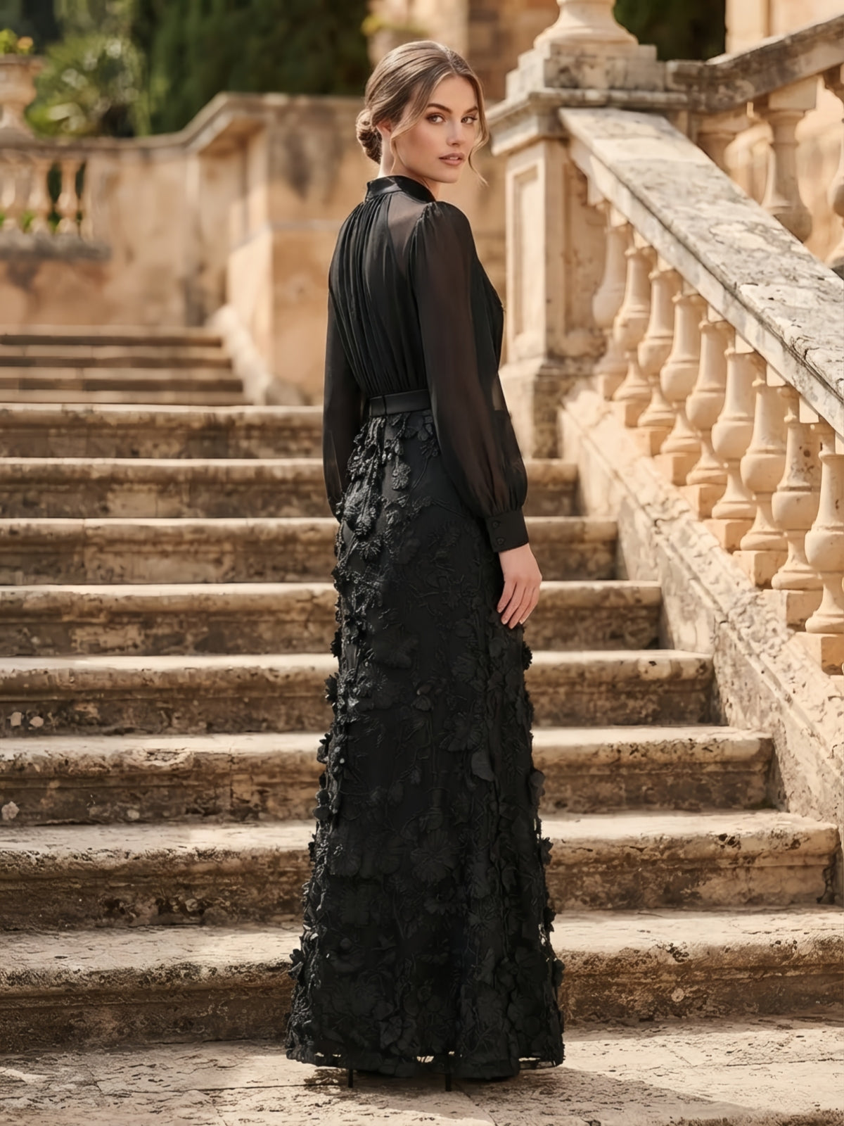 Black High-Neck 3D Floral Applique Long-Sleeve Evening Dress