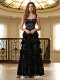 Black Square-Neck Corset Tiered Burnout Velvet Evening Dress