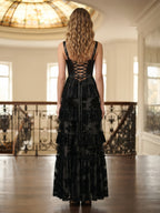 Black Square-Neck Corset Tiered Burnout Velvet Evening Dress