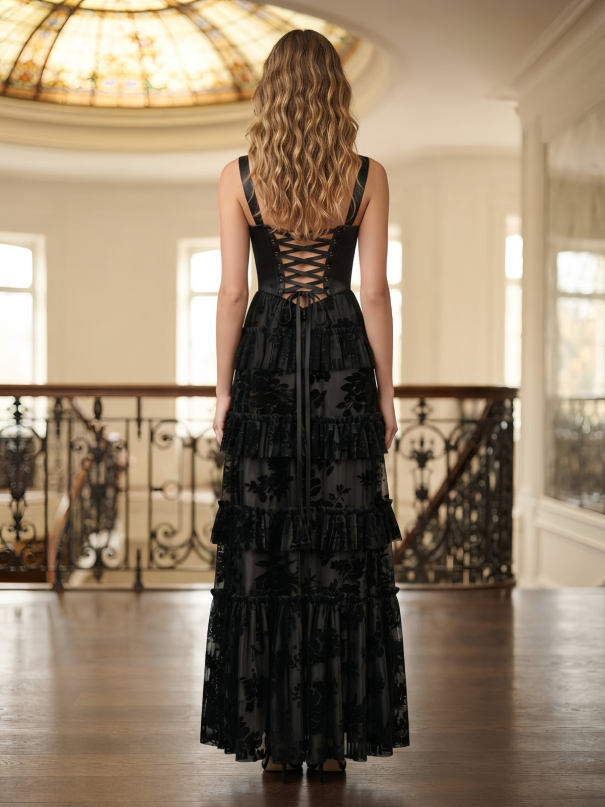 Black Square-Neck Corset Tiered Burnout Velvet Evening Dress