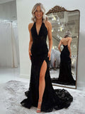 Schwarzes Meerjungfrau-Spitzen-Halter-Abschlussballkleid mit Schlitz