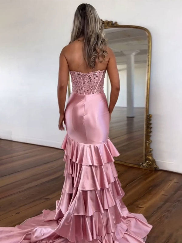 Pink Mermaid Strapless Satin Tiered Long Prom Dress with Sequins