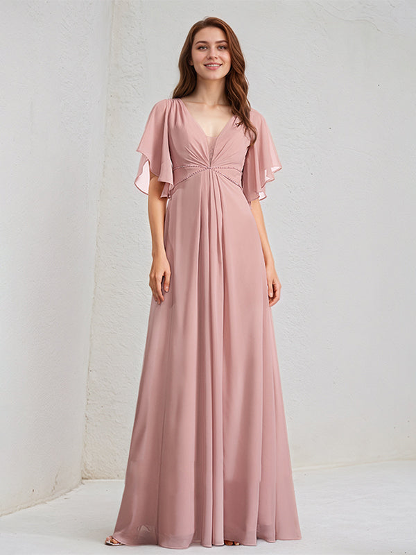 Abito da damigella lungo fino a terra in chiffon, linea a trapezio e scollo a V