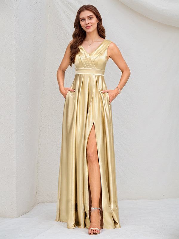 A Line Champagne Satin V Neck Sleeveless Floor Length Dress With High Slit