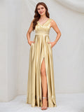A Line Champagne Satin V Neck Sleeveless Floor Length Dress With High Slit