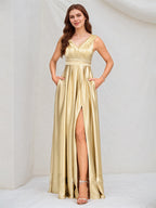 A Line Champagne Satin V Neck Sleeveless Floor Length Dress With High Slit