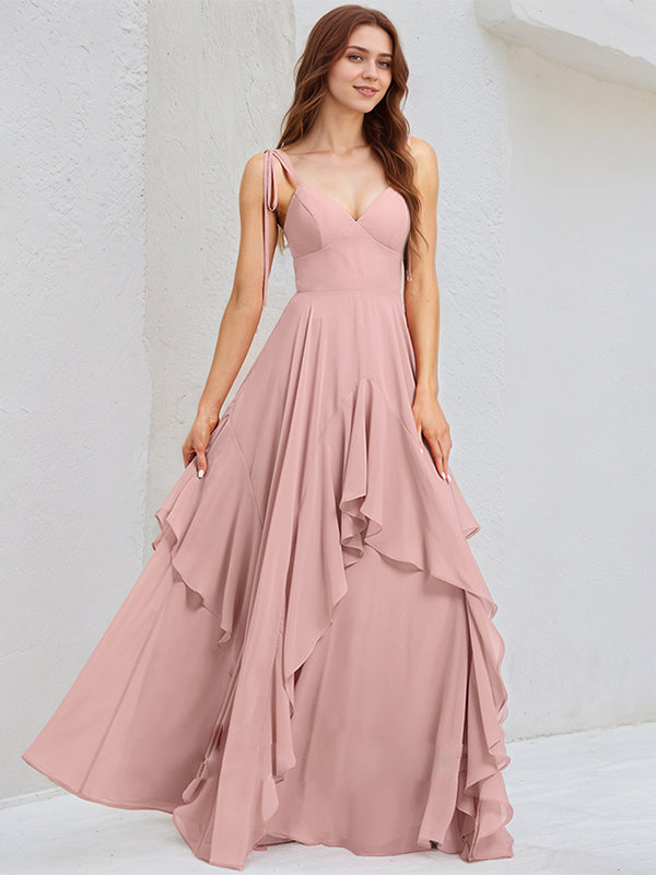 A Line Pink Chiffon Spaghetti Straps Sleeveless Floor Length Dress With Ruffles