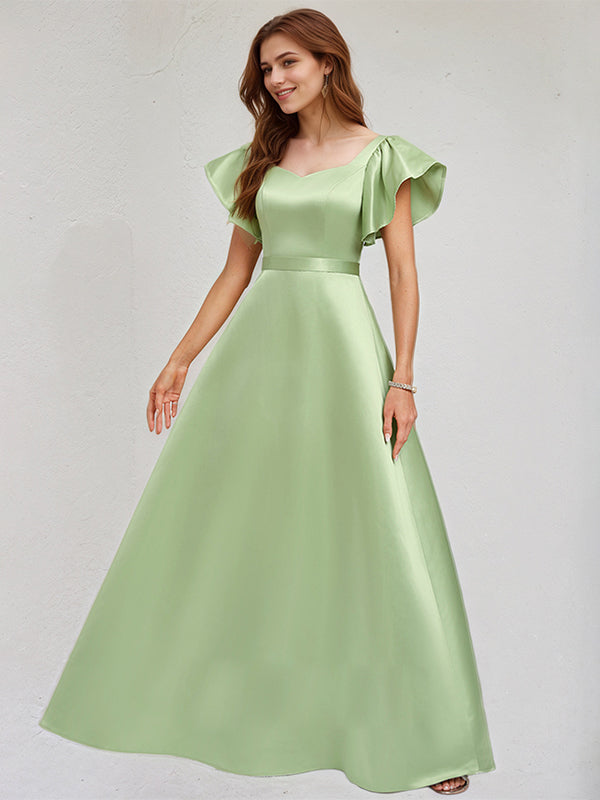 A Line Sage Satin Asymmetrical Neck Floor Length Dress With Ruffle Sleeves