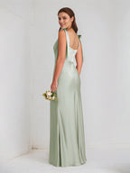 Sage Satin Spaghetti Straps Sleeveless Floor Length Dress With High Slit