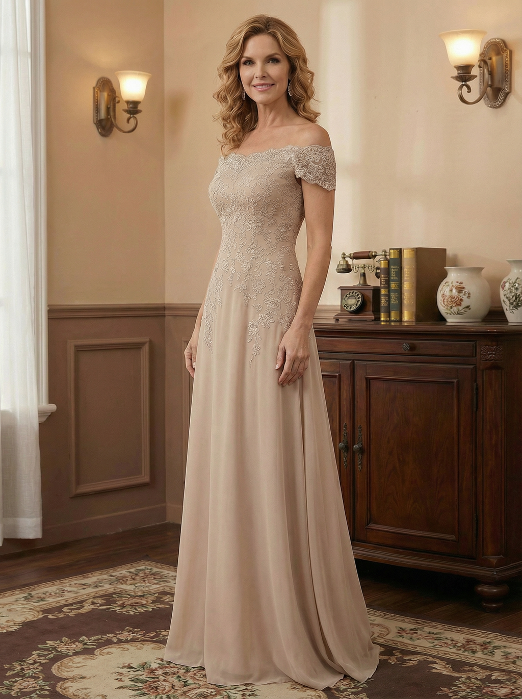 Vestido elegante de madre de la novia en tono topo, tipo columna, sin hombros y con encaje