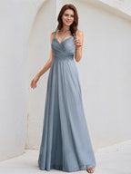 Dusty Blue A-Line V-Neck Floor-Length Lace Tulle Bridesmaid Dress