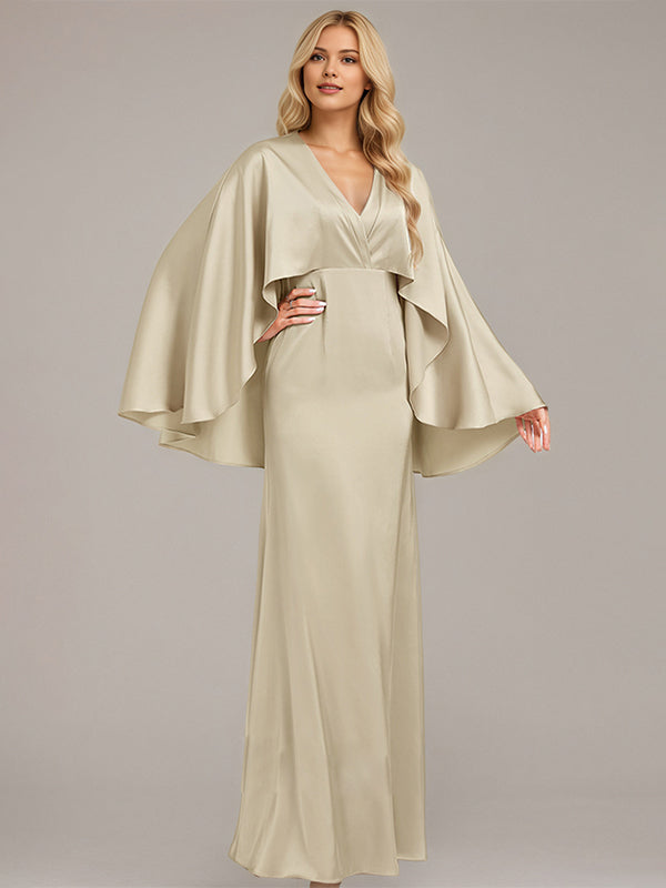 Sand A-Line V-Neck Floor-Length Satin Bridesmaid Dress