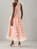 Rosa zweiteiliges Maxikleid aus gestuftem Chiffon mit Peplum, Neckholder und ärmellos in A-Linie