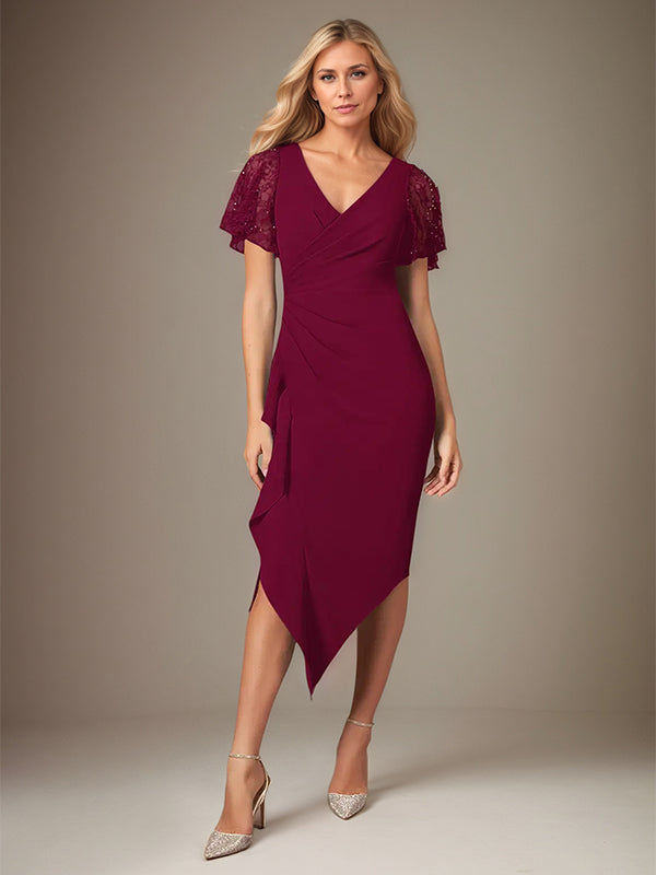 Bordeauxrotes Stretch-Crêpe Kleid mit V-Ausschnitt, kurzen Ärmeln, tea-length