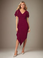 Bordeauxrotes Stretch-Crêpe Kleid mit V-Ausschnitt, kurzen Ärmeln, tea-length