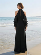 Cold-Shoulder Mock Neck Ruffled Chiffon Sleeve Bridesmaid Dress